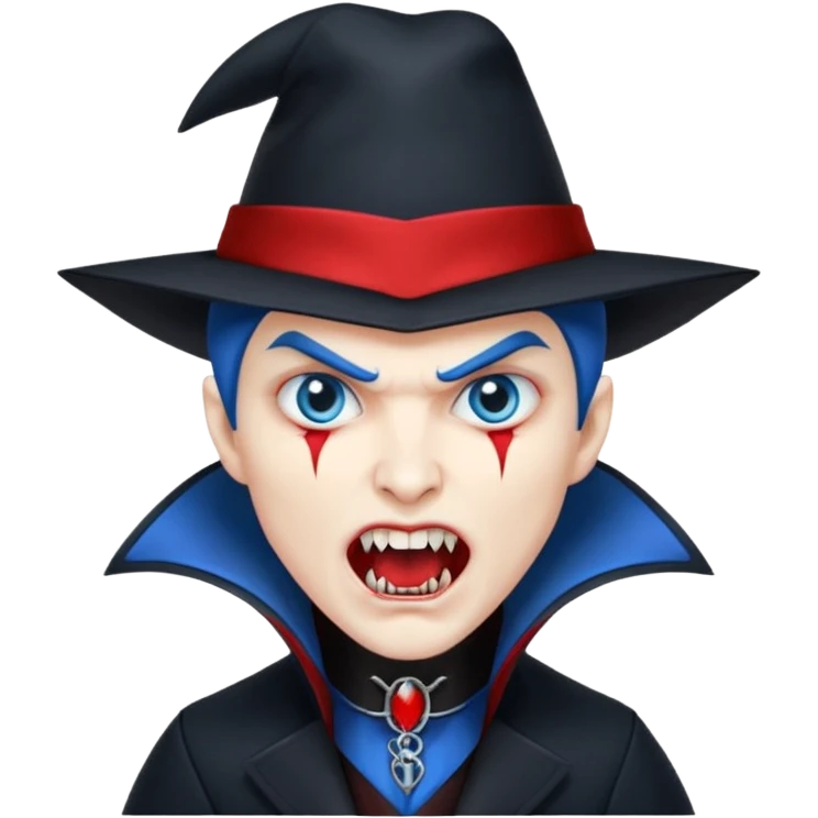 Vampire with blue hat,black coat with read collared ,teeth looks like vampire with aggression on face, full body. emoji