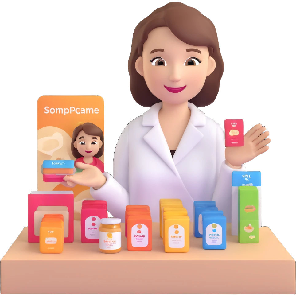 woman handing out product samples to customers outdoors, smiling, with a product display table emoji