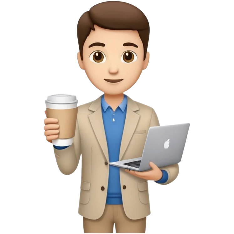 business owner confidently, holding a closed laptop in one hand and a takeaway coffee cup in the other. The character wears casual-smart clothes. emoji