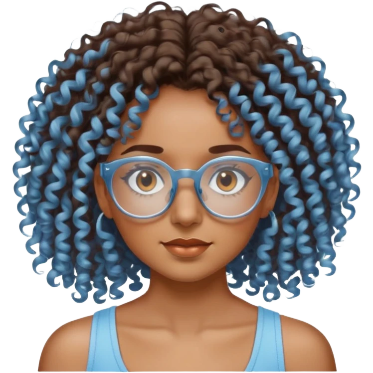 Chica morena cabello crespo con lentes transparentes y ojos cafés y blusa  de tiras color azul claro. emoji