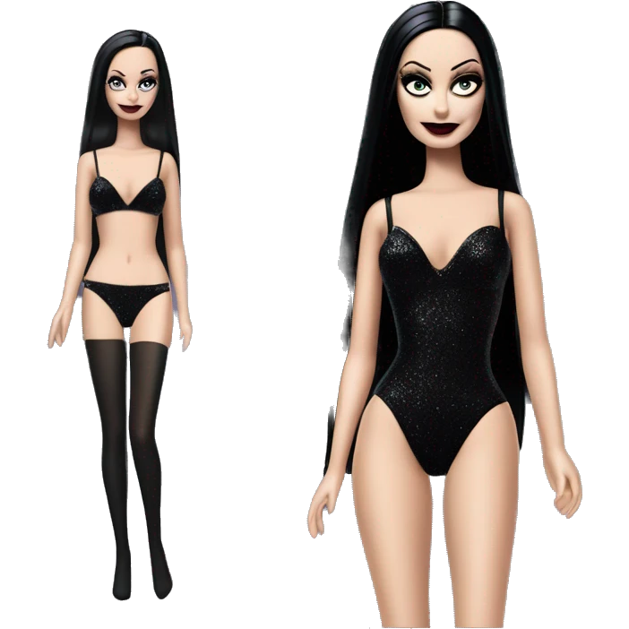 Teen Morticia Addams. Short Gothic bikini glitter Barbie  emoji