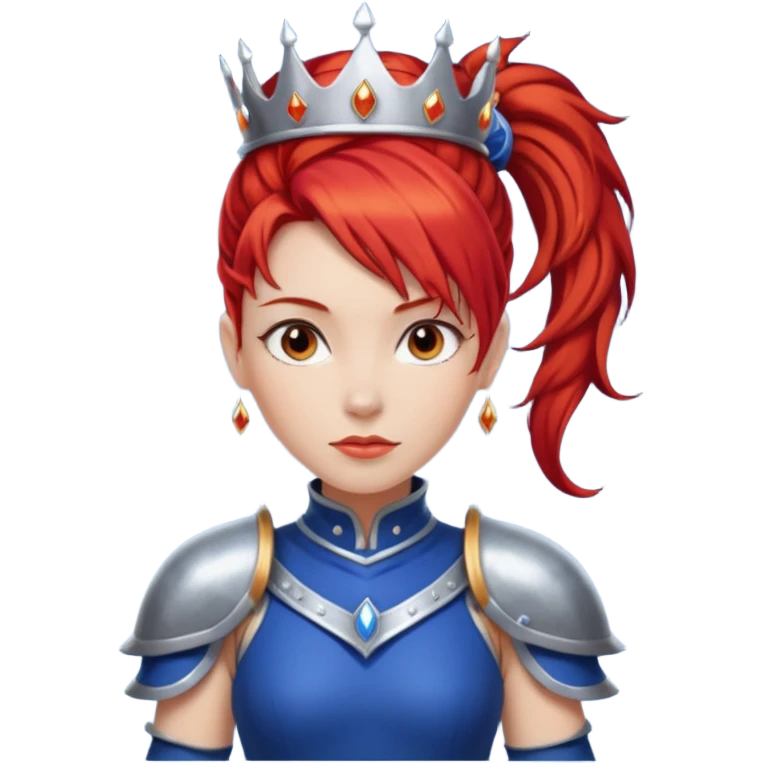 Red Haired Princess, Warrior Princess – fiery red ponytail, silver armor over royal dress, confident stance, silver crown emoji