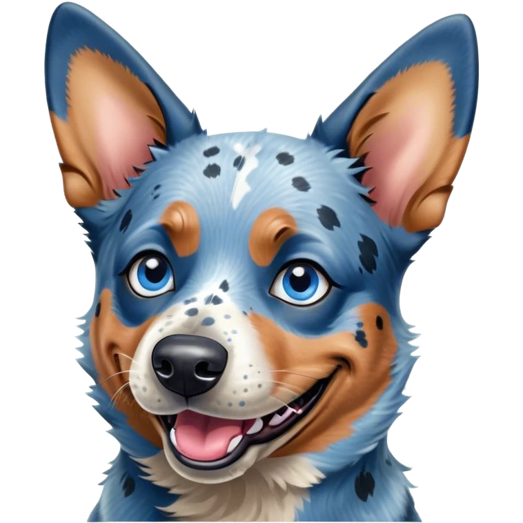 Cinematic Comical Blue Speckle Australian Cattle Dog Portrait Emoji, Head tilted dramatically with an exaggeratedly amused expression, featuring a striking blue speckle Fur with bold patterns, wide, expressive blue eyes filled with playful disbelief, Simplified yet hilariously expressive features, highly detailed, glowing with a slightly sassy glow, high shine, dramatic yet playful, stylized with an air of cheeky charm, bright and endearing, soft glowing outline, capturing the essence of a spirited and over-the-top herder, so meme-worthy it feels like it could side-eye its way into internet fame instantly! emoji
