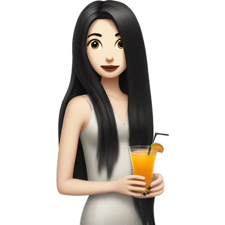Pale girl with long black hair with chest holding cocktail emoji
