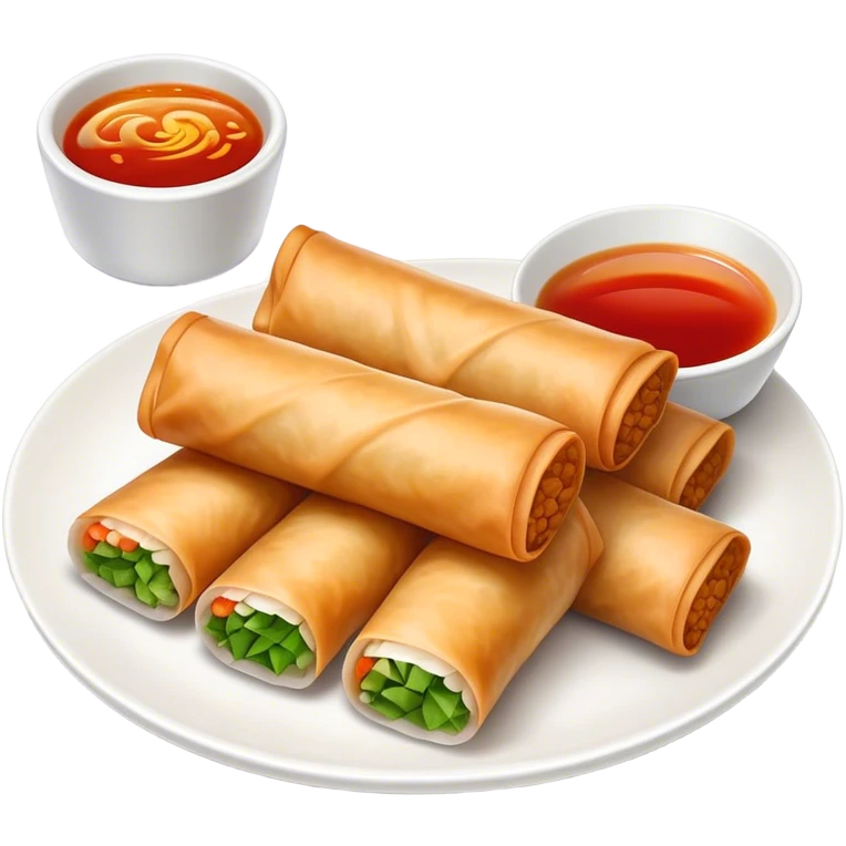 Spring Rolls Cinematic Realistic Spring Rolls Dish Emoji, depicted as 2 perfectly crisp spring rolls served with dipping sauce, rendered with lifelike textures and dynamic, appetizing lighting. emoji