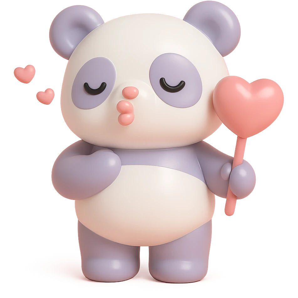 panda with heart-shaped balloon blowing kisses, vinyl figure style emoji