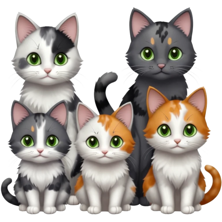 3 different coloured small cats including a dark grey and white, and a patchy calico with hazel eyes and a completely solid dark grey with green eyes and only white paws emoji
