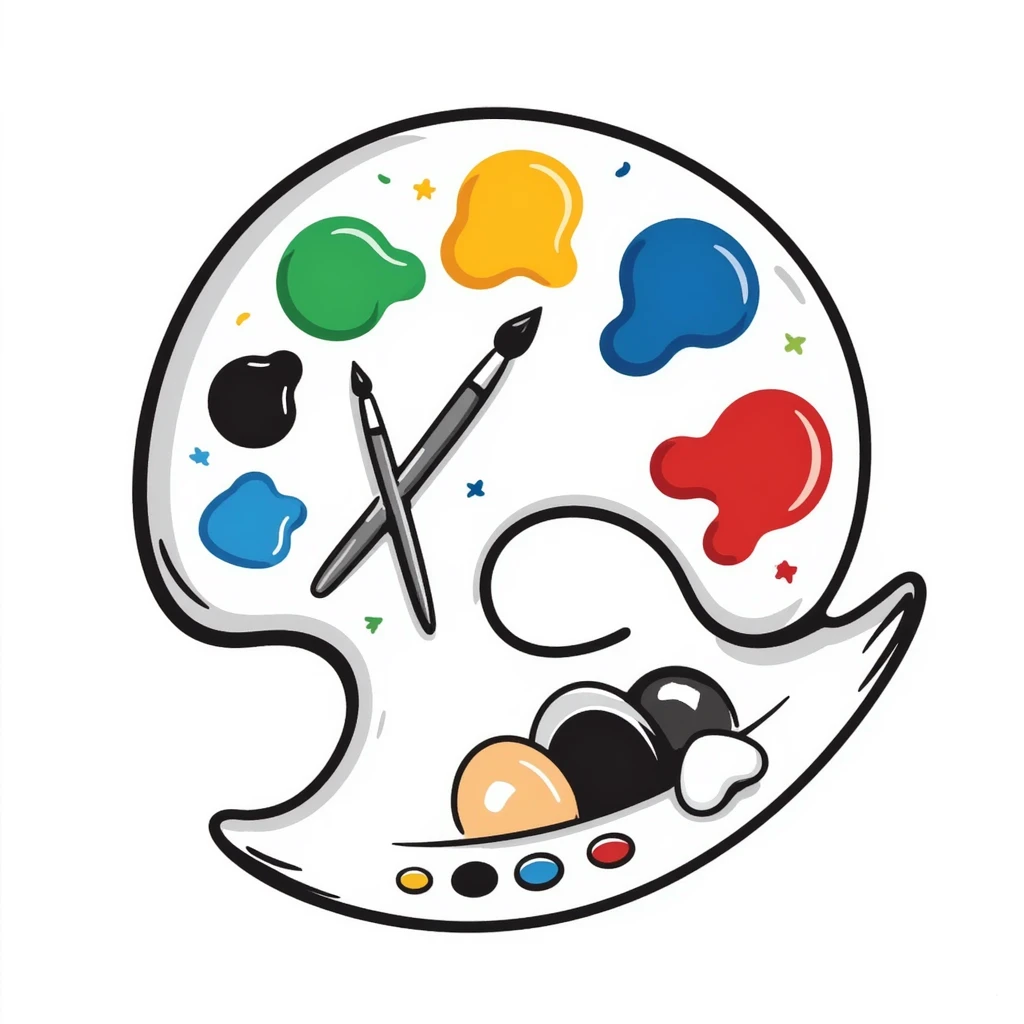 Detailed artist's palette with colorful paint blobs, palette holes, and paintbrushes. Sticker-like appearance with detailed doodle style and transparent background. emoji