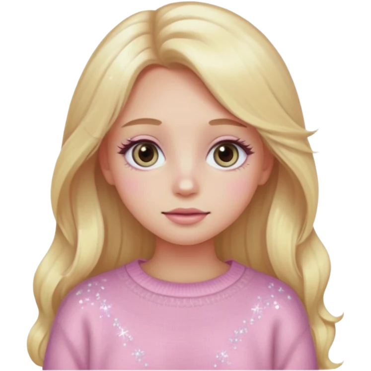 “Emoji girl, pastel pink blush, sparkly wide eyes,  oversized pastel sweater long blonde hair.” emoji
