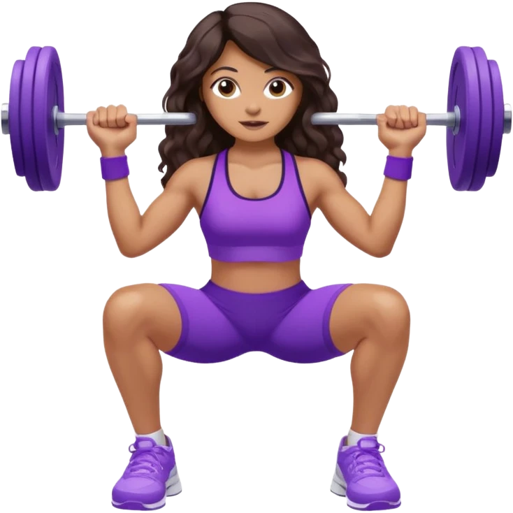mujer de tez trigueña, con cabello castaño oscuro ondulado no muy marcado, hasta la cadera super largo estilizado, con ropa deportiva morada/lila, tenis blancos deportivos y levantando una pesa emoji
