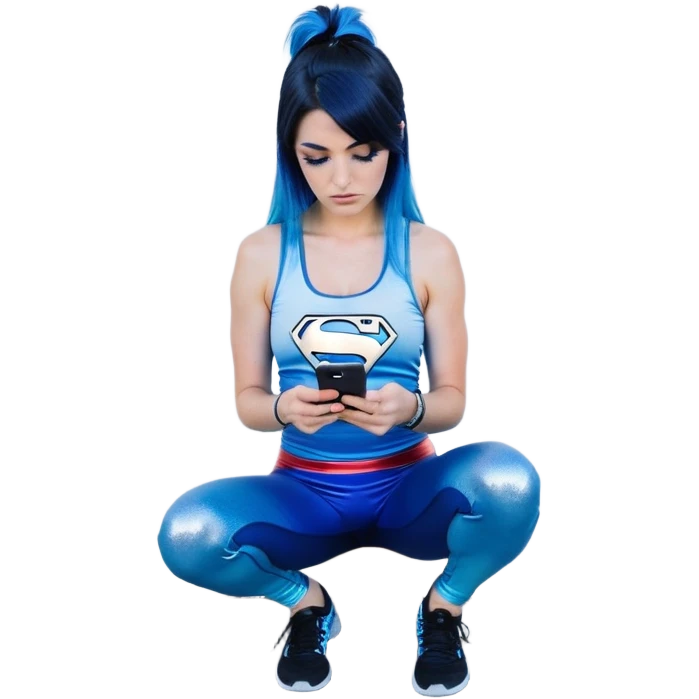Disapponted-big tears-head back texting on phone-very very large upper body-sexy face-bending forward at waist-very long very straight dark blue to light blue ombre hair-and-blue eyes-thick black eyeliner-long eyelashes-iridescent blue lowcut tanktop with black leggings with glitter superman logo emoji