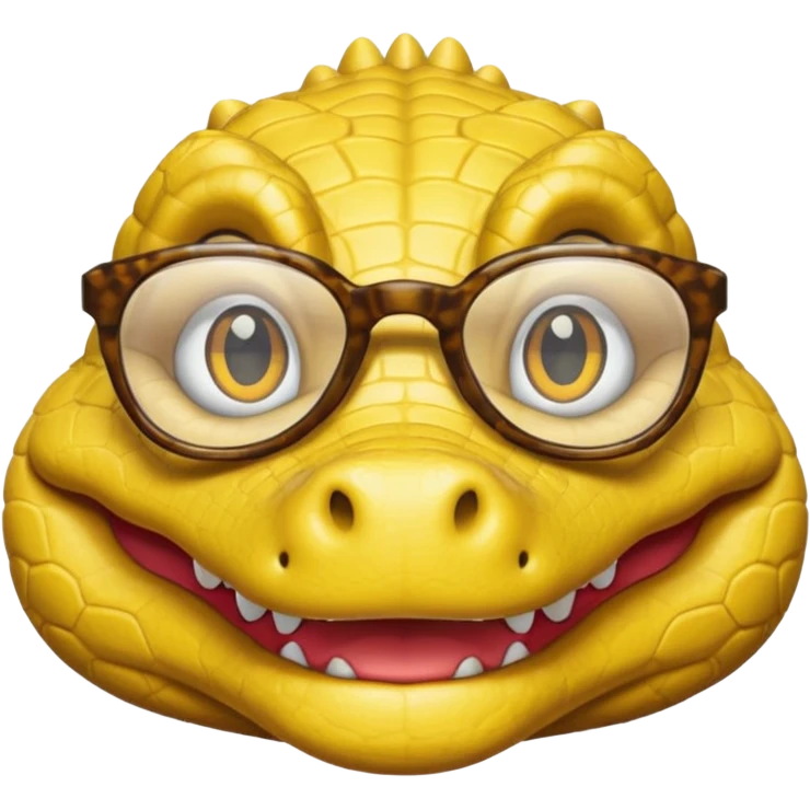 Cocodrilo feliz con boca cerrada mirando de frente que tengan lentes y sea color amarillo con fondo blanco emoji