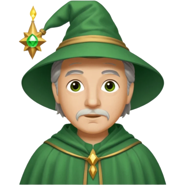 The Wizard from The Wizard of Oz with light skin, brown eyes, grey hair, green outfit emoji