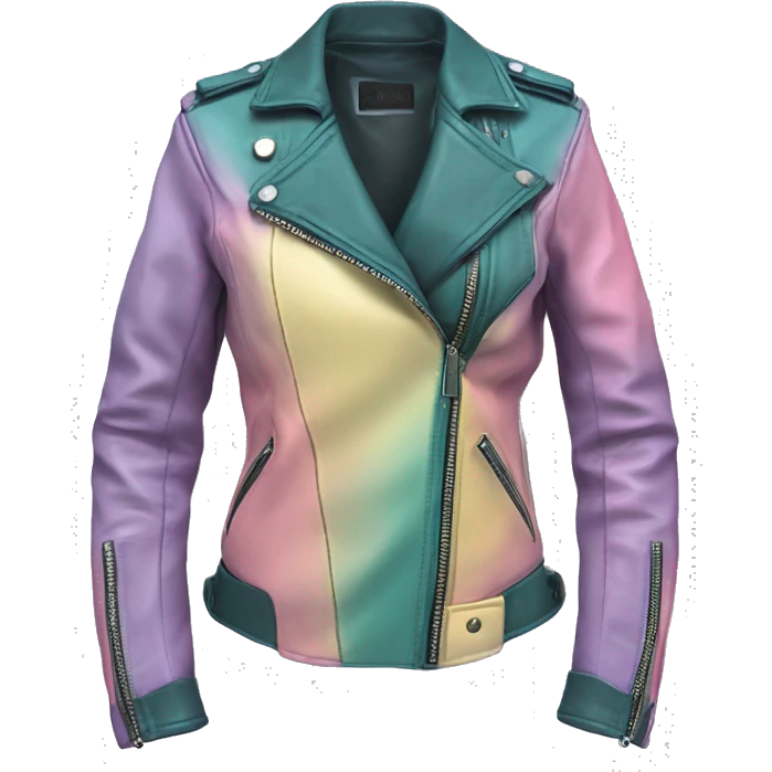 Realistic isolated side view of a pastel purple,dark teal,pastel yellow and pastel pink ombre open military style leather fashion jacket. emoji