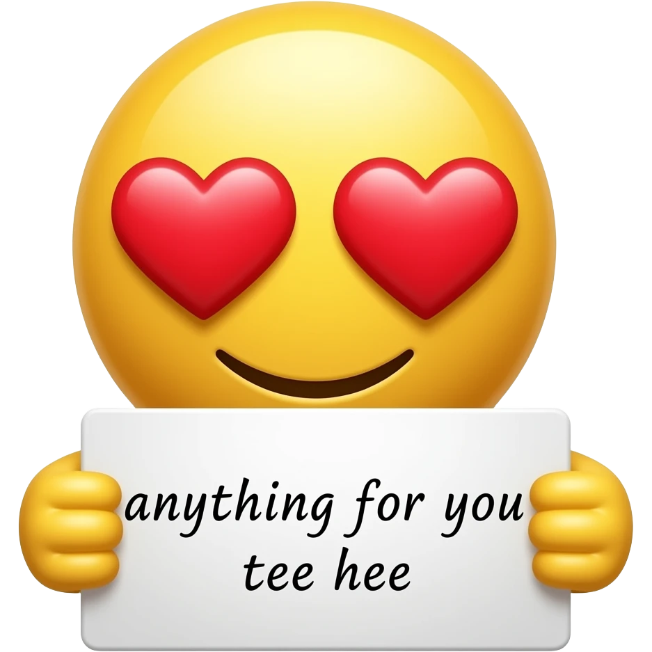 Yellow smiley in love holding up a sign sign that says "anything for you tee hee" emoji