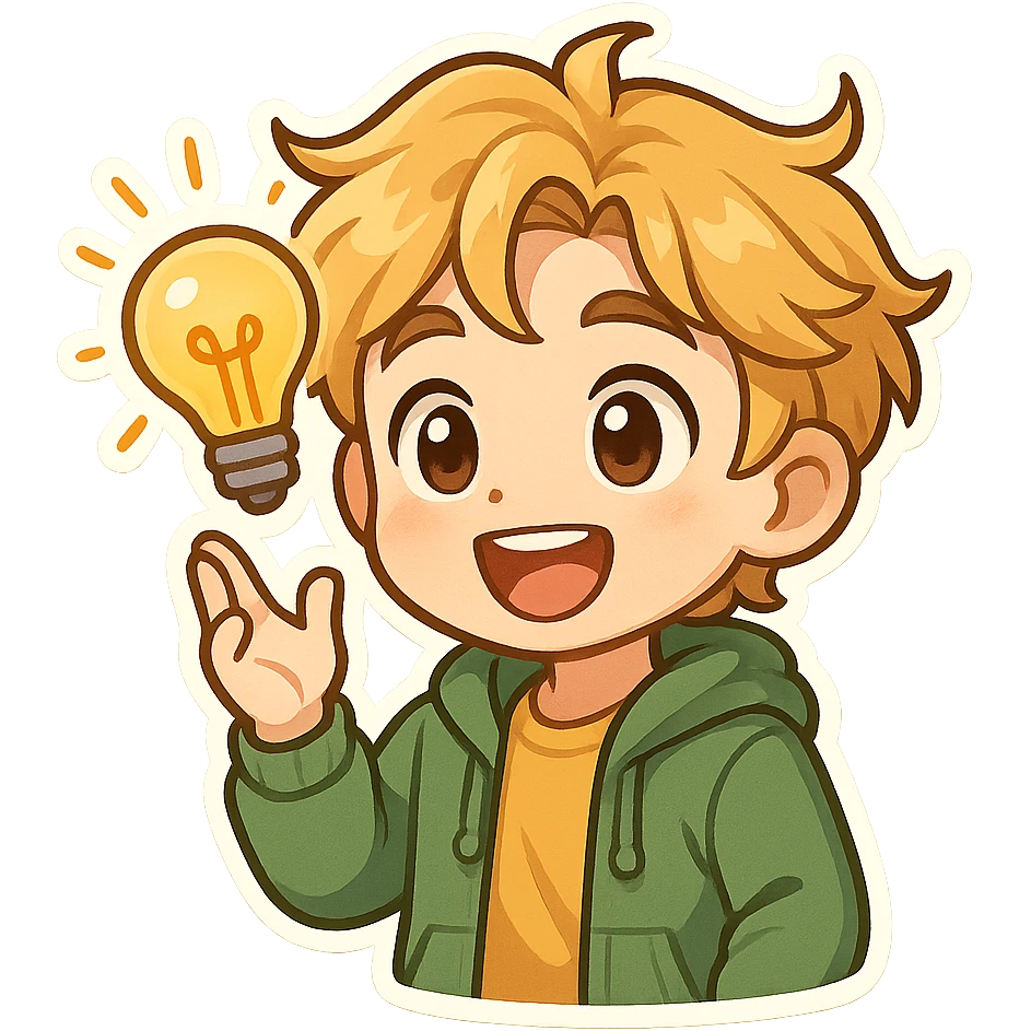 bright and expressive male visionary, fair skin, tousled golden hair, wide joyful eyes, wearing a green hoodie over a yellow tee, one hand raised with a glowing lightbulb, waist-up, front-facing emoji