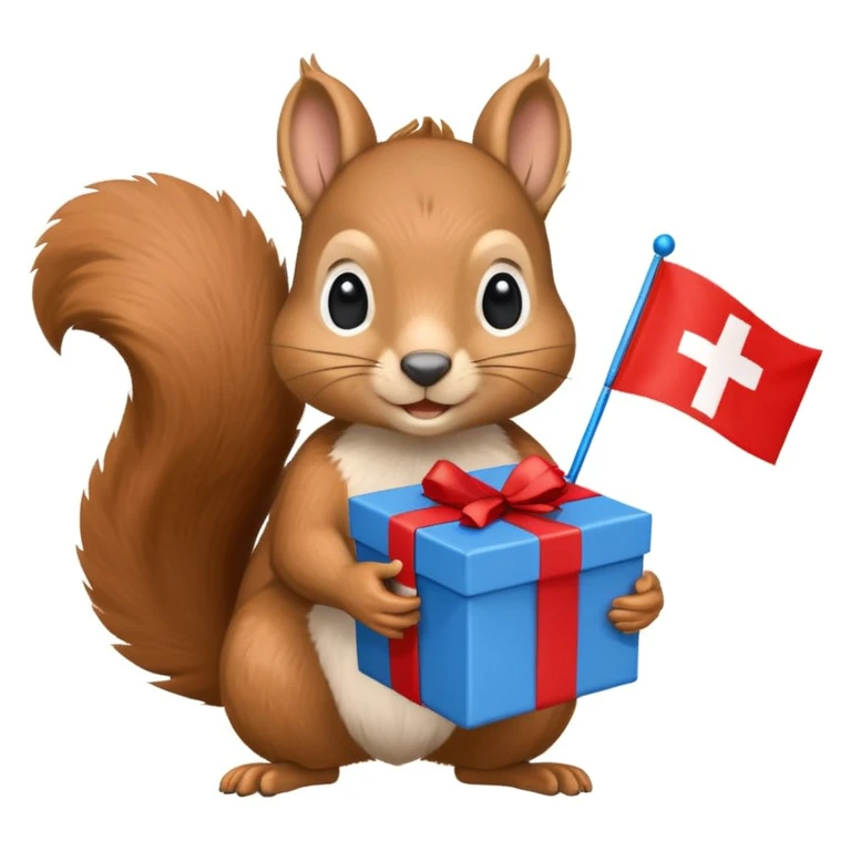 realistic squirrel holding a blue gift box in one hand and a red Swiss flag in the other, both objects clearly visible, simple white background, the gift is a different color from the flag emoji