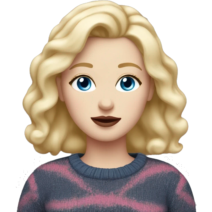 White woman with blonde hair, black pink sweater, blue eyes, red lip￼ emoji