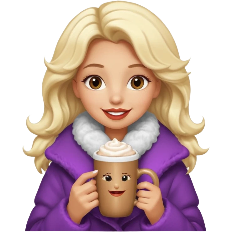 Tanned Girl with lashes , blonde hair, in an extremely big fluffy oversized coat and hold hot chocolate drink and half moon eyes , big lip emoji