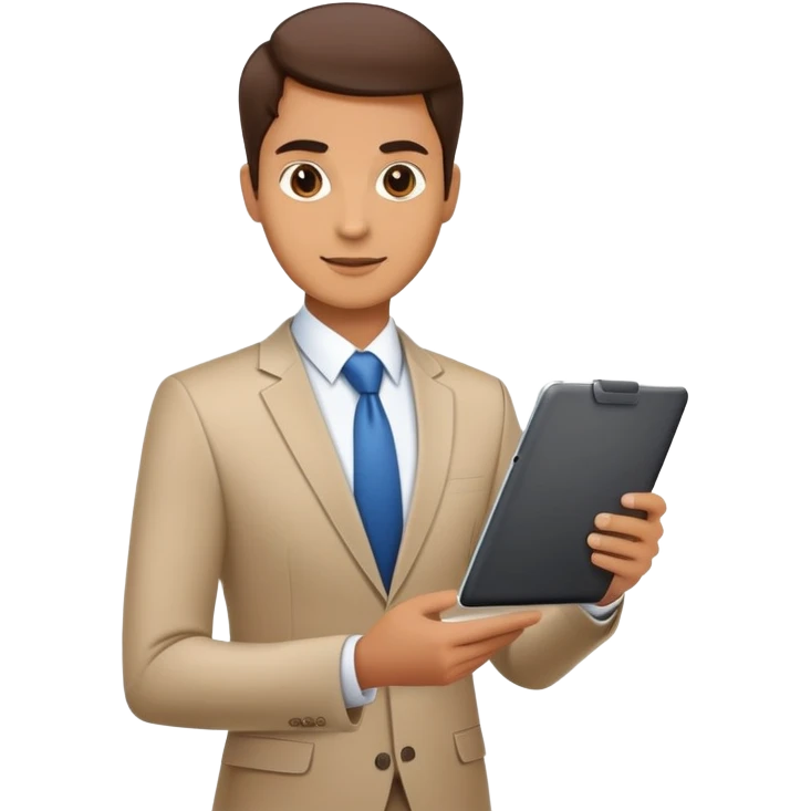 business executive confidently, holding a digital tablet or folder. The character wears smart business attire emoji