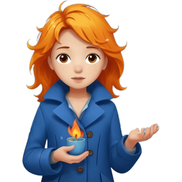 A barefoot girl in a tattered blue coat, cupping a tiny flame gently while snowflakes fall on her hair.
 emoji