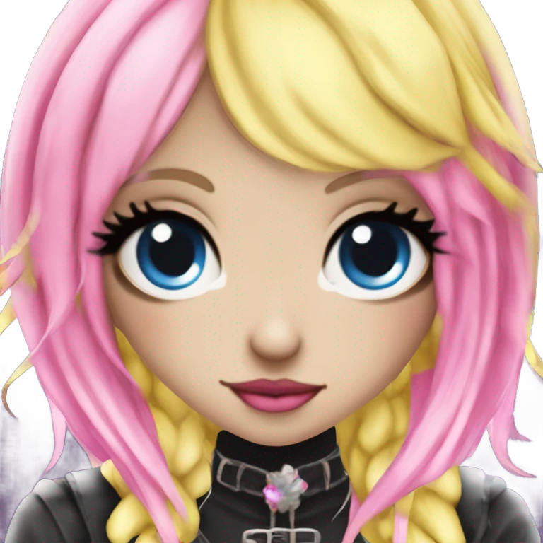 Blue eyed long eye lashes blonde and pink hair pale hime gyaru girl, hot pink and yellow split-dyed hair, nose ring, elf ears, dark makeup, punk clothes emoji