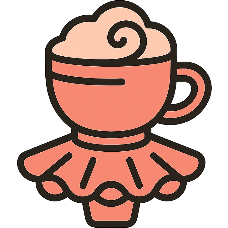 a cappuccino cup with a tutu, pinkish-orange color palette, icon style emoji