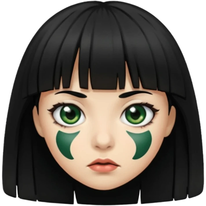 Mulher de franja cabelo preto pele verde bem escuro com a cara machucada com os olhos regalado fundo escuro emoji