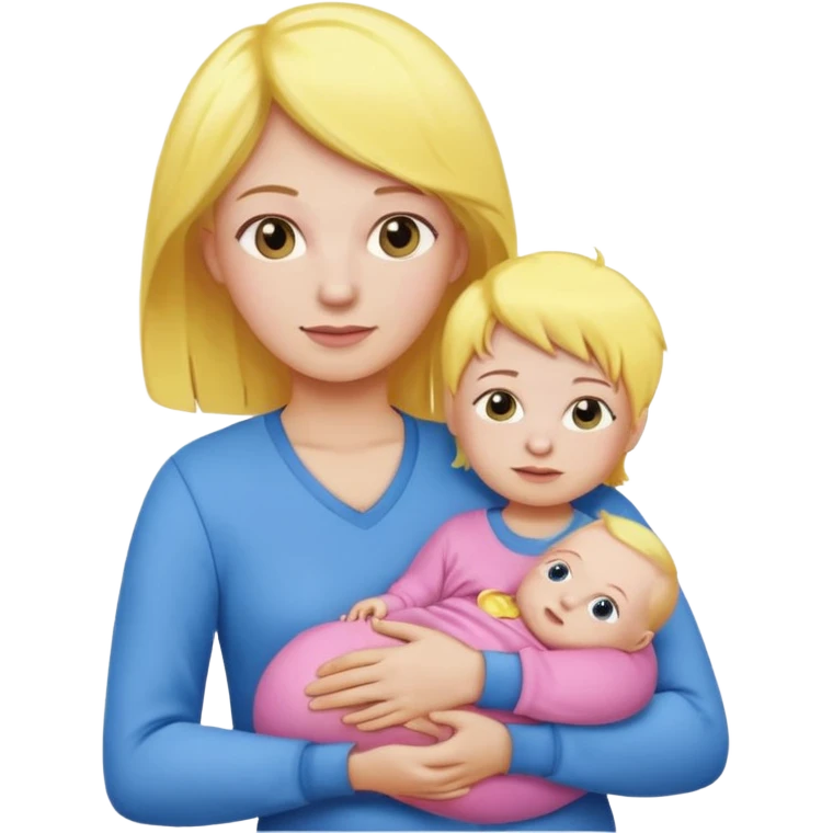 mother with yellow hair and pink clothes holding baby in blue clothes, emoji style emoji