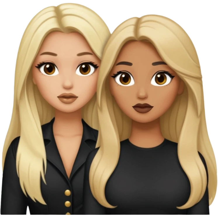 Boujy baddie best friends gossiping, one blonde, one brunette, long hair, trendy heavy makeup emoji