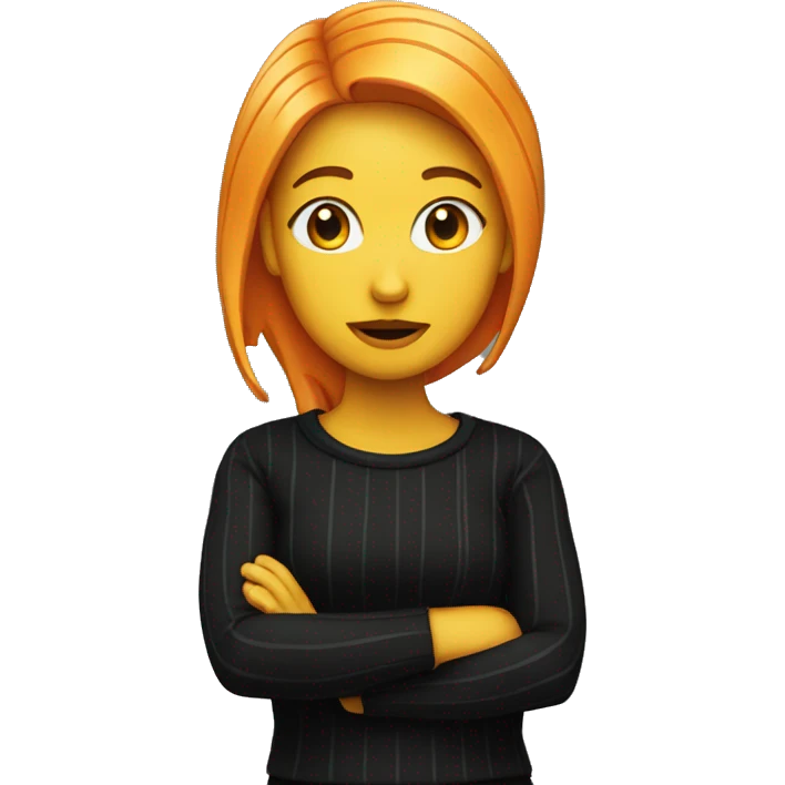person standing emote, but it is a woman, with yellow skin, striped orange-black hair, a black sweater emoji