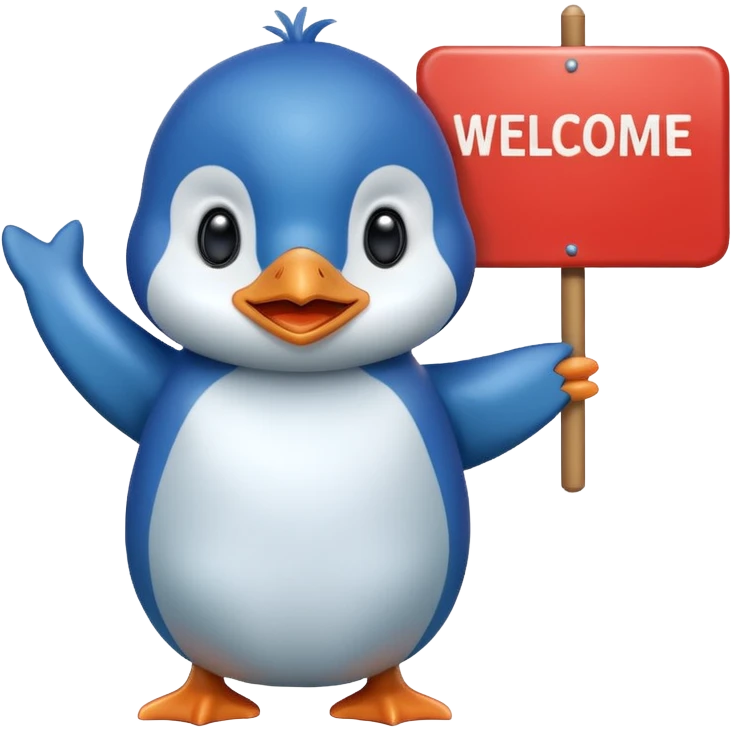 Blue penguin that holds very big welcome sign emoji