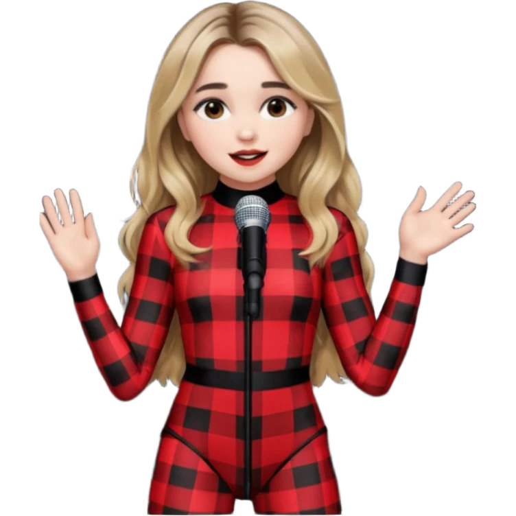 Sabrina carpenter singing at concert wearing a black and red plaid bodysuit emoji
