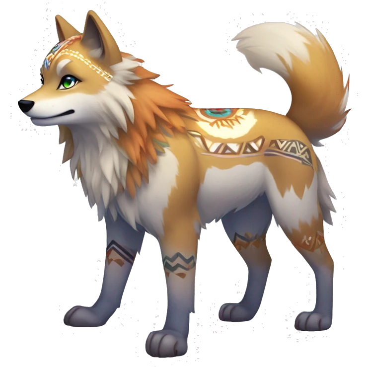 Colorful Shiny Fionbri-Falvie-sparkle-wolf-sona with tribal markings full body emoji