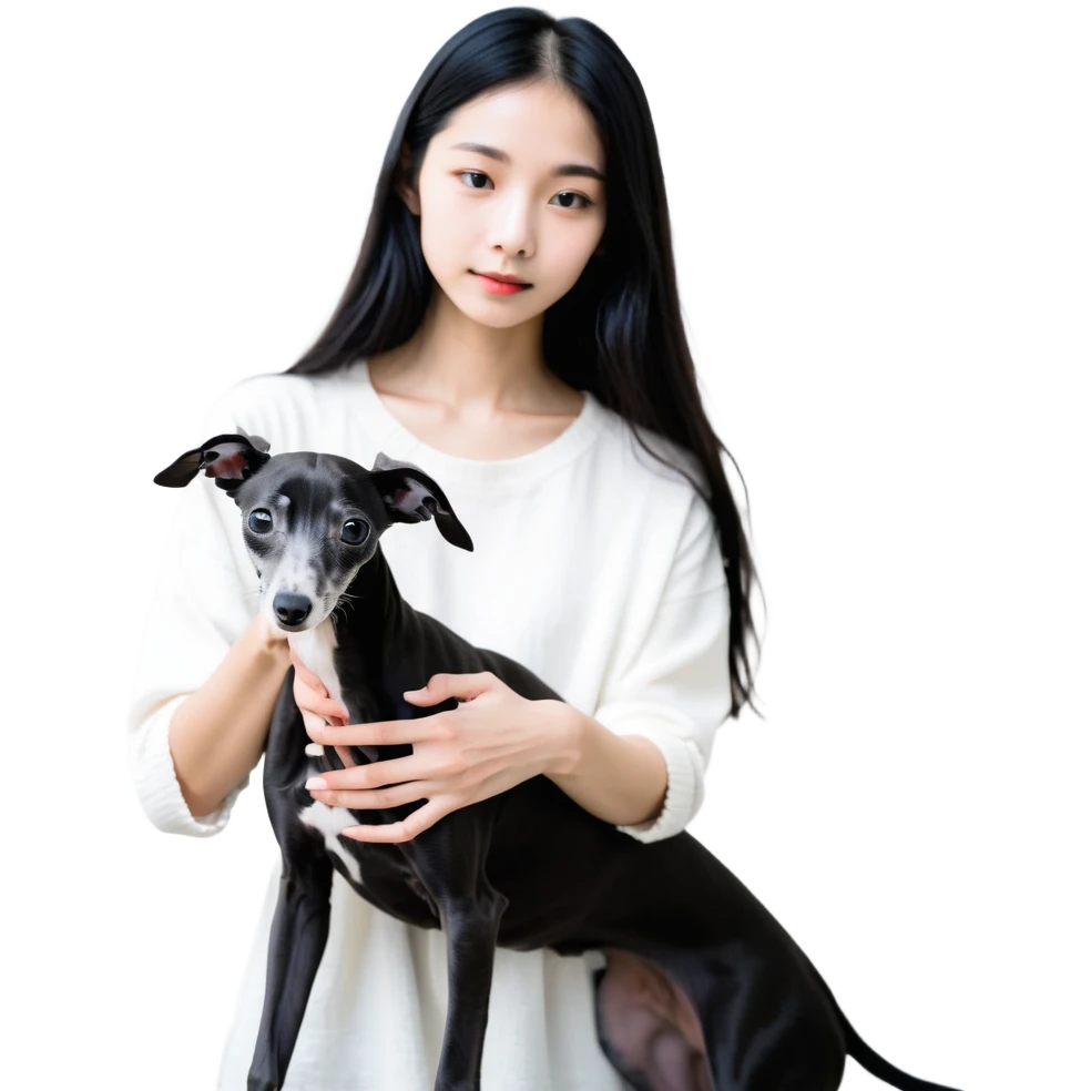 Slim Chinese girl with long black hair petting completely dark grey Italian greyhound with absolutely no white markings anywhere emoji