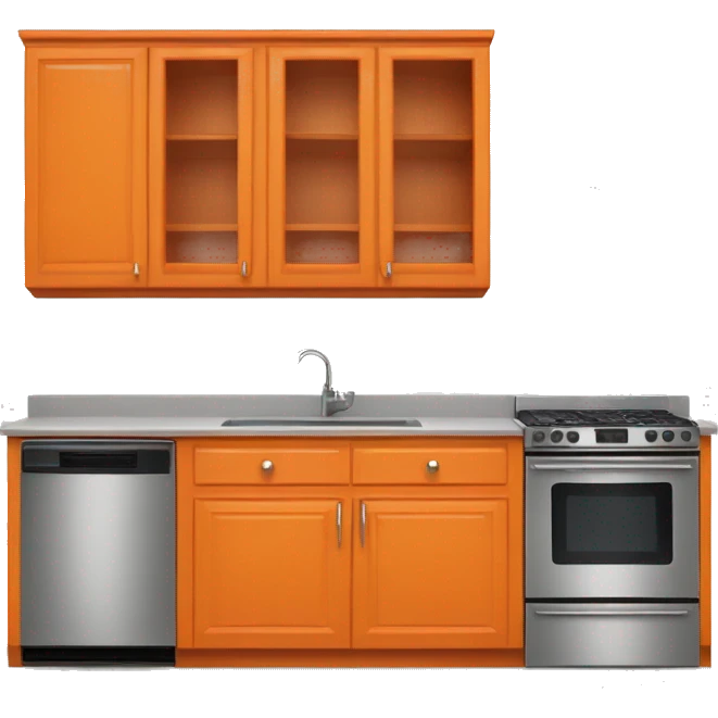 Realistic front facing orange hanging kitchen cabinets and counter.  emoji