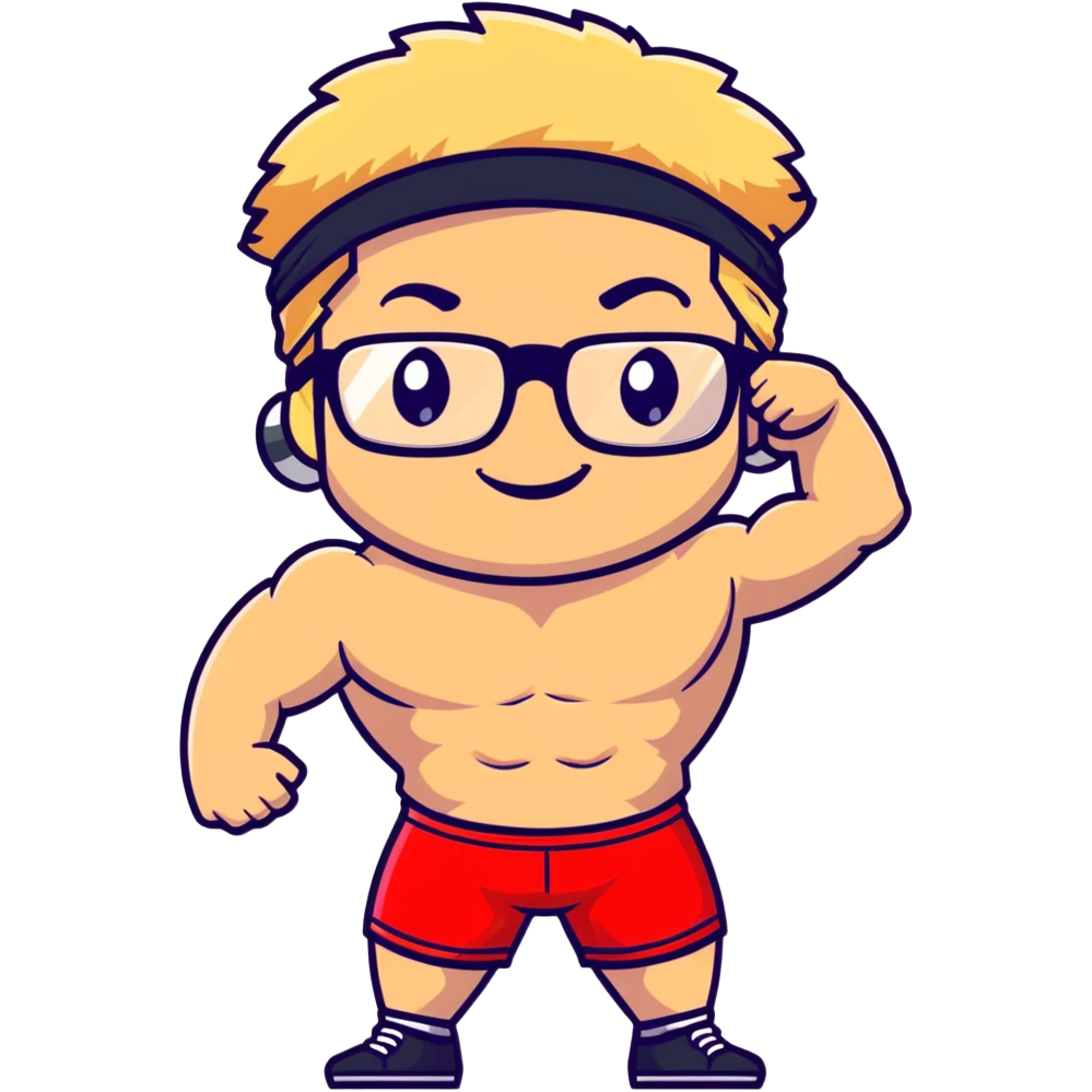Man with black and white cap, shirtless muscular body, red shorts, clear glasses, messy light blond mullet hairstyle, flexing muscles and smiling emoji