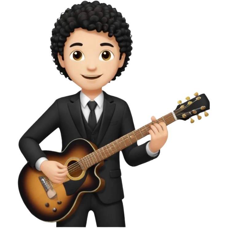 A white boy with black fade curly hair Smiling and holdijg a guitar in a black suit  emoji