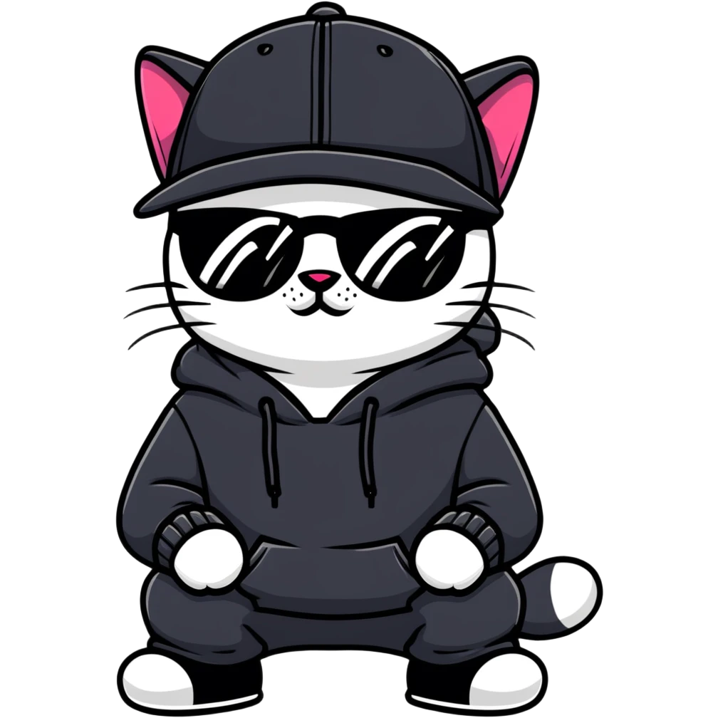 cat wearing a black snapback cap and black hoodie, with black sunglasses positioned low on his nose, looking directly at the viewer over the top of his sunglasses with a cool expression, doing graffiti with spray paint emoji