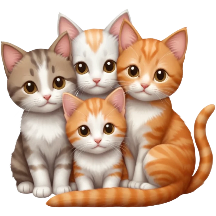 3 tiny kittens cuddling together all different colours, the first one is grey and white, the second is ginger and white and the third is brown tabby and white emoji