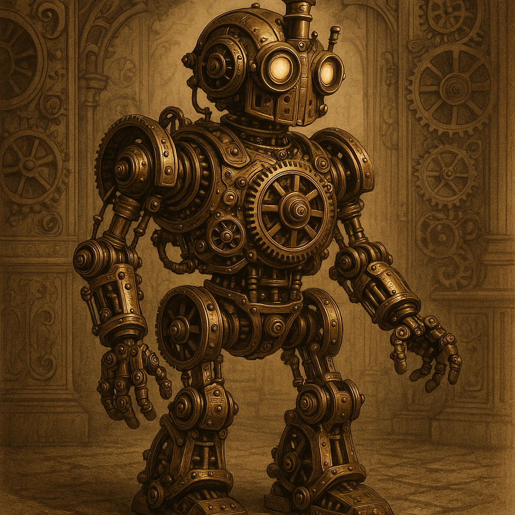 steampunk robot, gears, brass, Victorian style, intricate mechanical details, vintage aesthetic emoji
