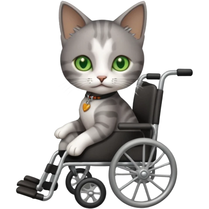 full body small short hair dark grey and white cat with green eyes walking in a wheelchair for cats emoji