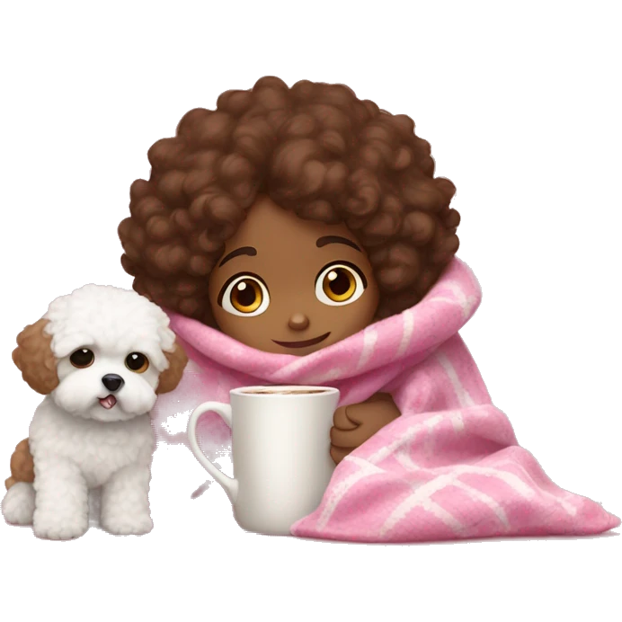 Brown girl with brown hair drinking hot chocolate with a pink and white blanket around her with her maltipoo puppy emoji