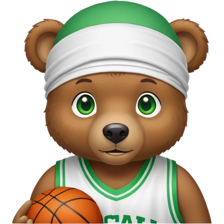 Cute brown bear with green eyes wearing a white durag and a basketball jersey visible only up to the shoulders, iOS emoji style emoji