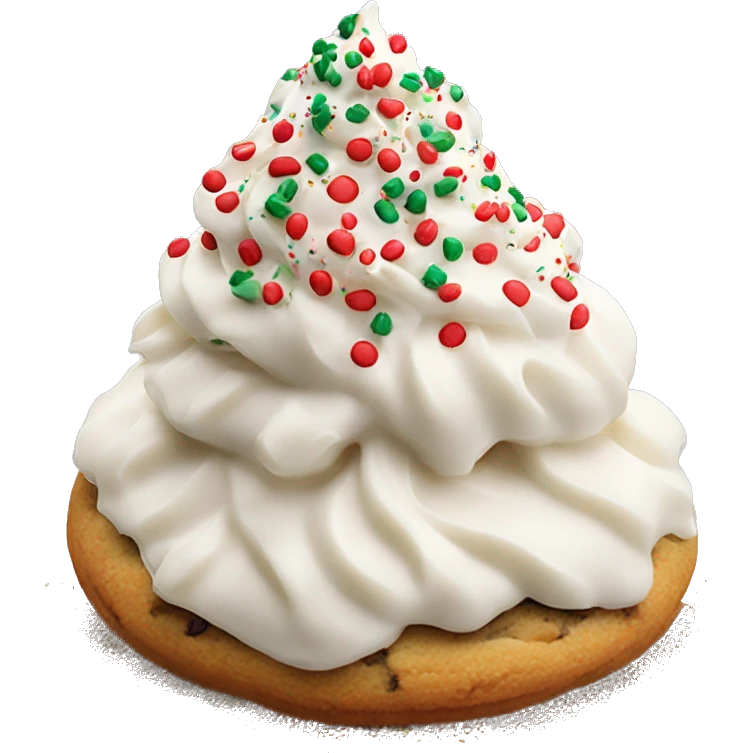 A chocolate chip cookie frosted with vanilla frosting and topped with red and green sprinkles emoji