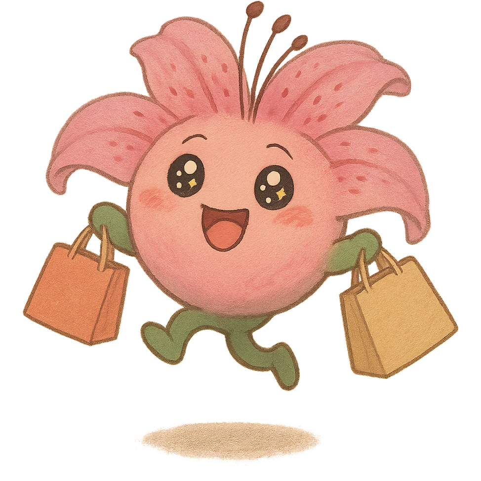pastel magenta lily flower with sparkling eyes and open mouth, jumping with joy while holding shopping bags, round and bouncy, soft ghibli style emoji