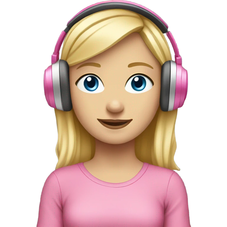 blonde hair blue eyed girl with pink headphones and computer emoji