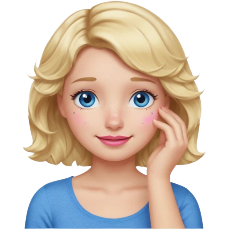 Girl Blonde short wavy hair,  blue eyes, cute blue top, long lashes, pink lips, smiling, 🤦🏻‍♀️ emoji
