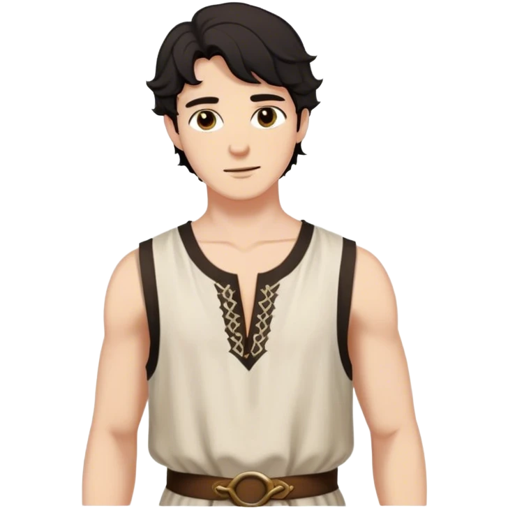 medieval summer outfit worn by a DnD themed fantasy male character. thin, sleeveless cotton tunic with a deep neckline and reinforced stitching around the shoulders. clothes only above the waist. The clothes full waist. The character's haven't arms. character is white-skinned, black hair, brown eyes, short wavy hair. emoji