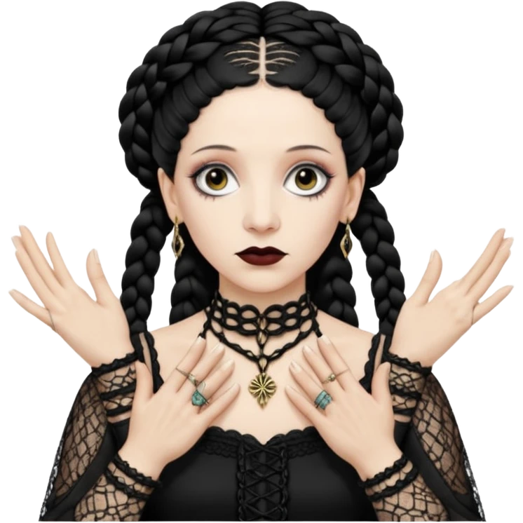 Lene Lovich as seen on the Stateless album cover with a typical symmetrical pose with her hands, lots of lace and braided hair emoji